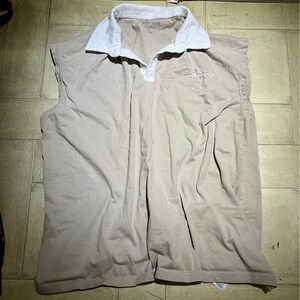 boohooman beige sleeveless polo with white collar and small logo size medium